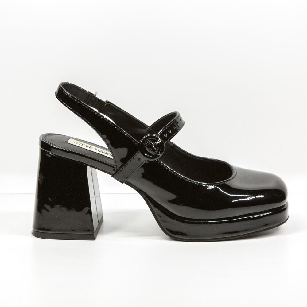 STEVE MADDEN Teegan Mary Jane Chunky Platform Heels Shiny Patent Black Sz 7.5
